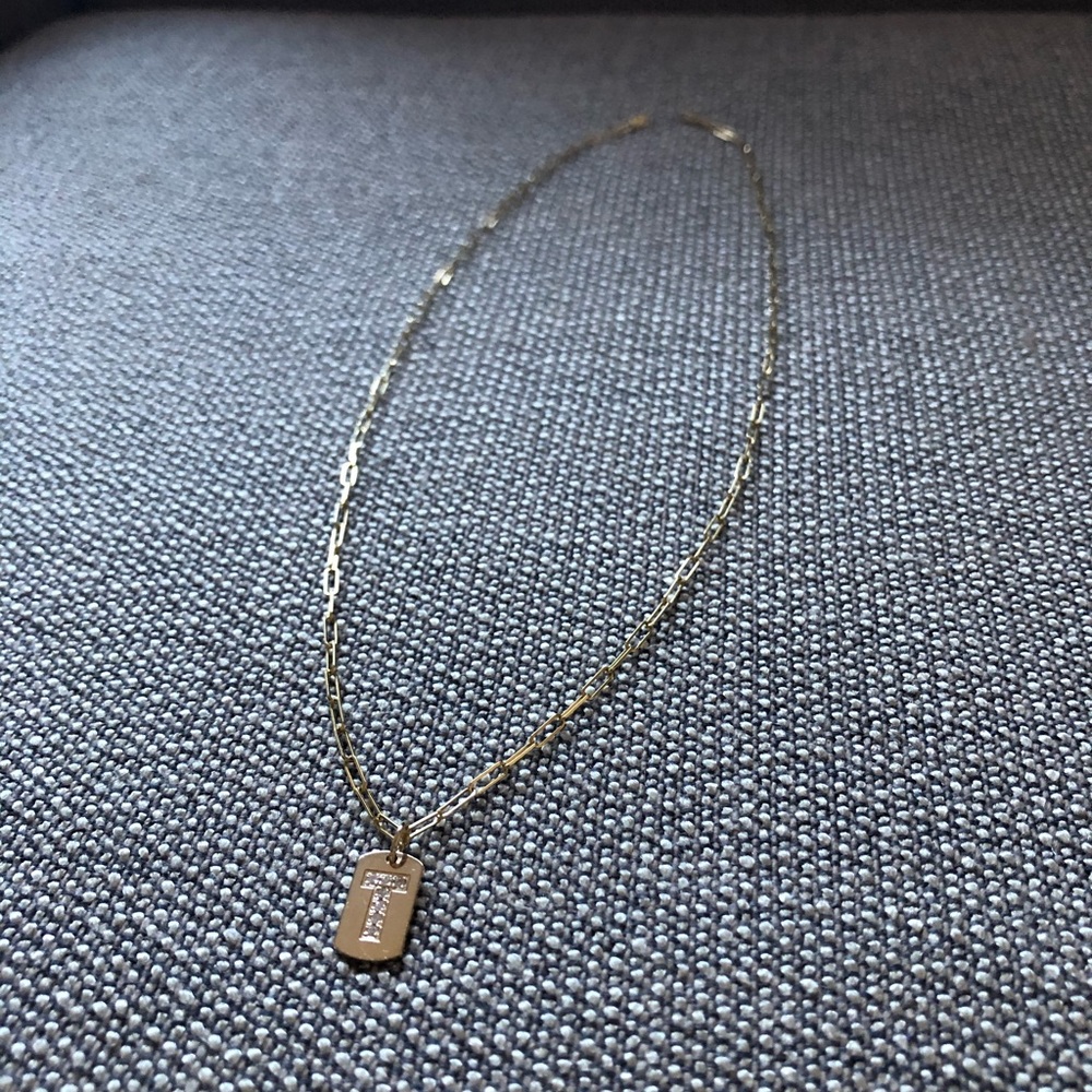 14K ‘T’ Diamond Dog Tag Pendant with Chain
